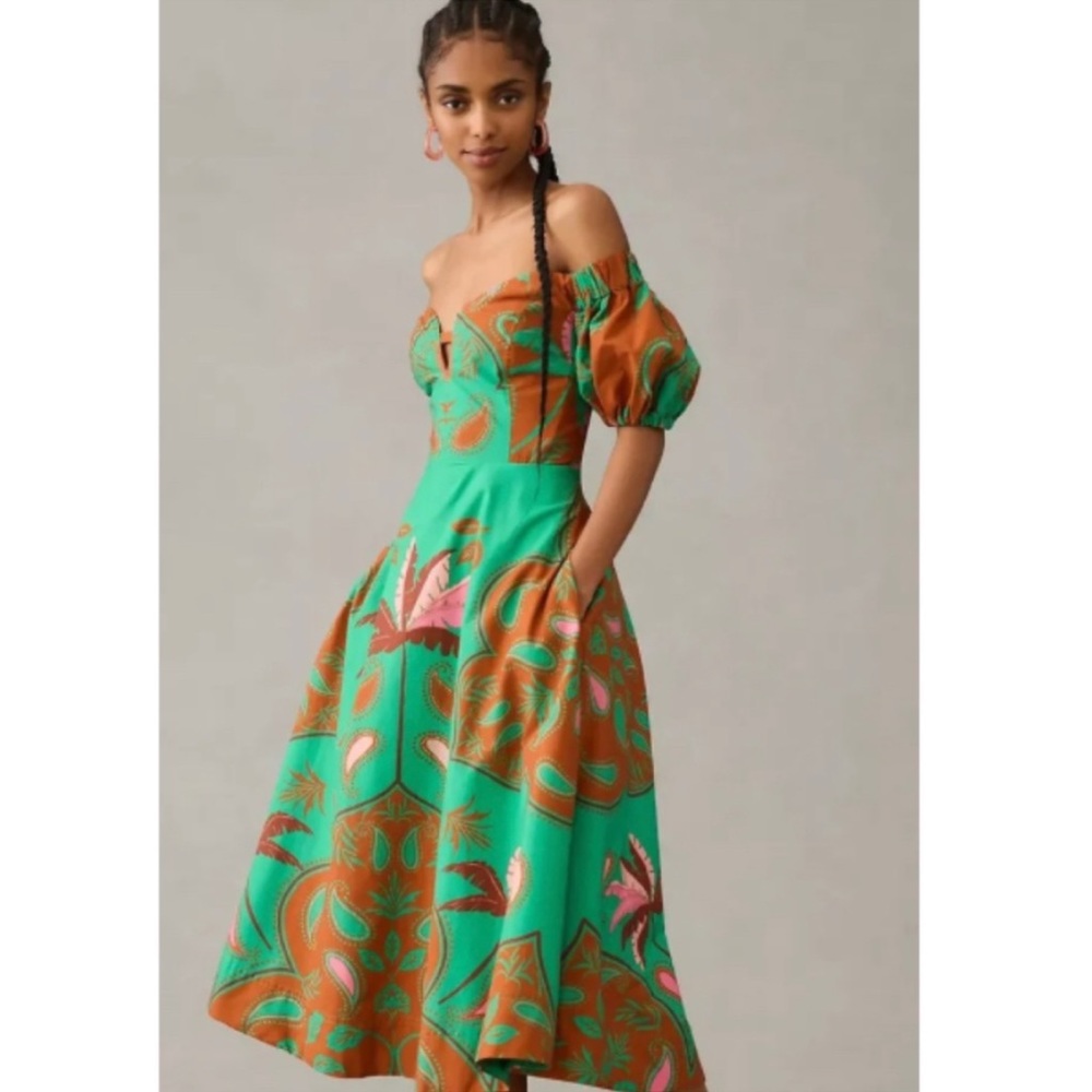 Anthropologie Maeve Green and Brown Off-Shoulder Midi Dress NWT Size 10